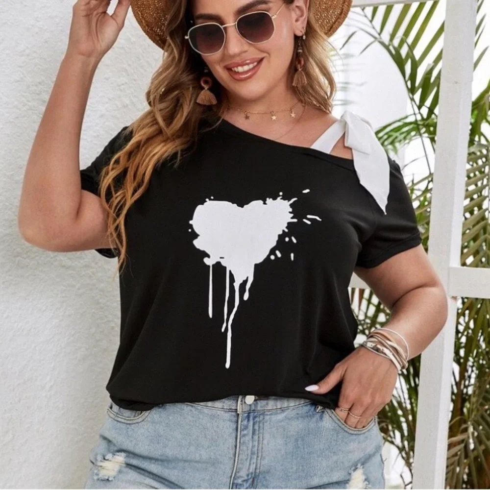 3/$12 Shein Curve Heart Splatter Off One Shoulder Bow Tie Tee T-Shirt Blouse Top - Picture 1 of 12